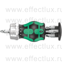 WERA Kraftform Kompakt Stubby Magazin RA4 короткая отвёртка-битодержатель с трещоткой и битами, 1/4" C 6.3: PH 1/2, SL 5.5/6.5, Robertson R1/2, 6 предметов WE-008886
