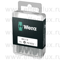 WERA 851/1 Z DIY SiS 10 PH2 Набор бит универсальных для винтов Phillips, вязко-твёрдых, 1/4" C6.3, 10 х PH 2 x 25 мм. WE-072401