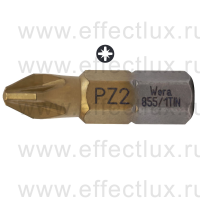 WERA 855/1 TiN PZ2 Бита с покрытием из нитрида титана для винтов Pozidriv, сверх-твёрдая 1/4" C6.3, PZ 2 x 25 мм. WE-480222